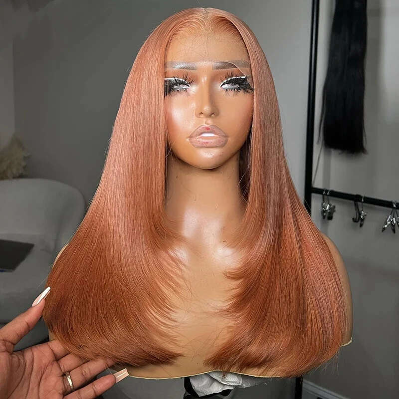 Ginger Brown Long Wavy Synthetic Front Wig Layered Glueless Frontal Orange Auburn Hair Lace Natural Wigs For Women