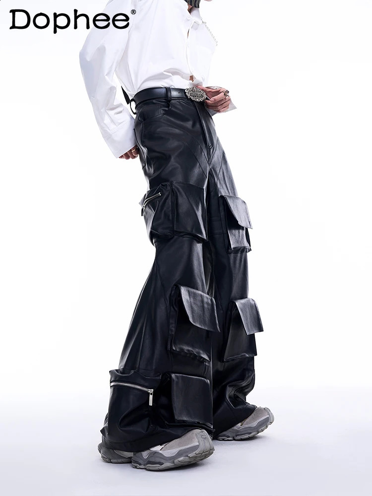 Multi pocket leather wrapped pants mens autumn freight pants 3D pocket leather pants mens wide leg mens pants 240913