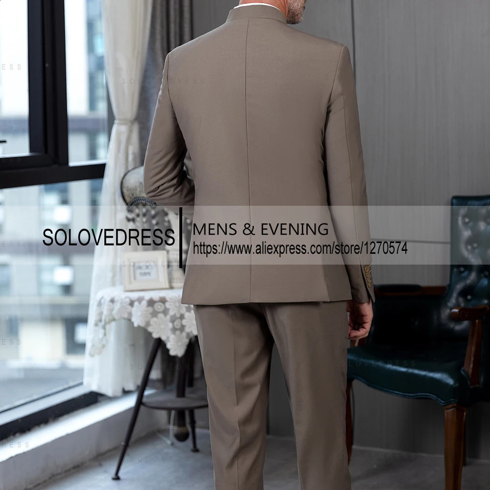 Classic 2 Piece Mens Slim Fit Solid Color Stand Collar Wedding Suit BlazerPants 240914