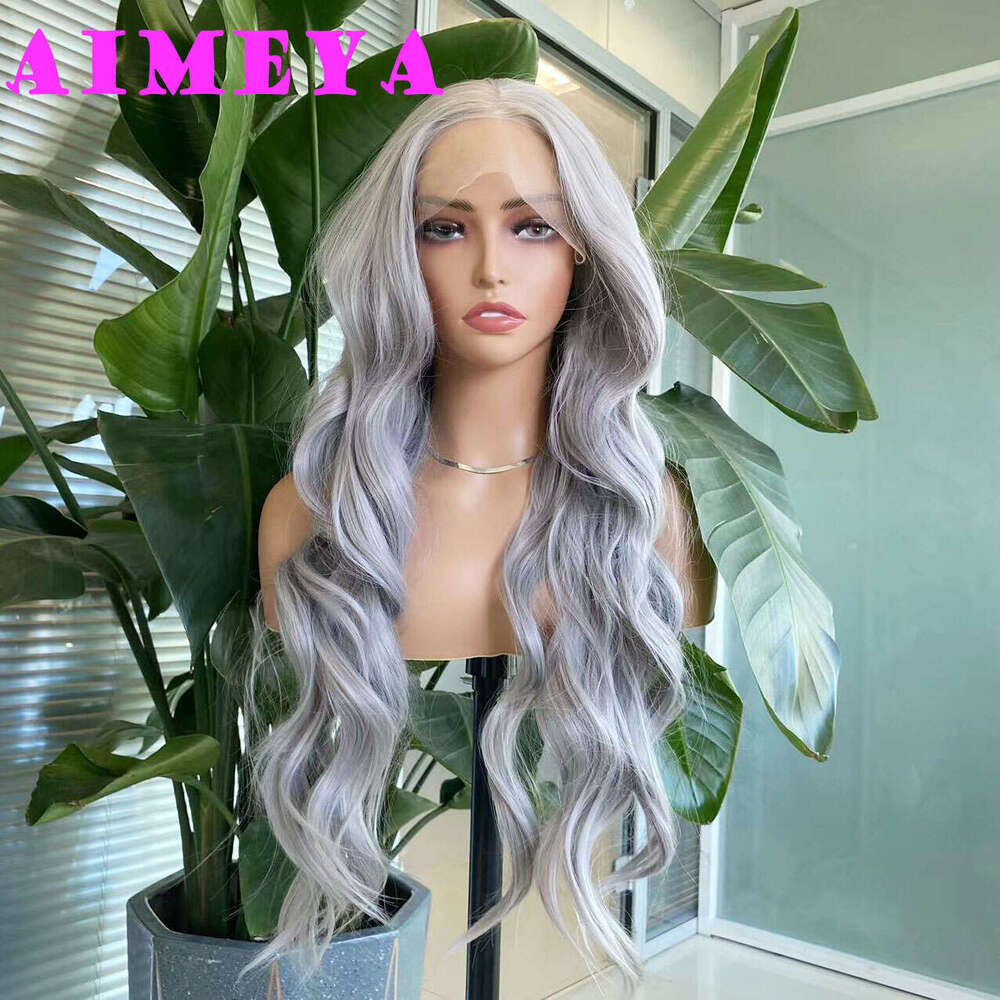 AIMEYA Sier Grey Lace Front Long Natural Wave Synthetic Hair Wigs For Women Heat Resistant Daily Use Cosplay Wig