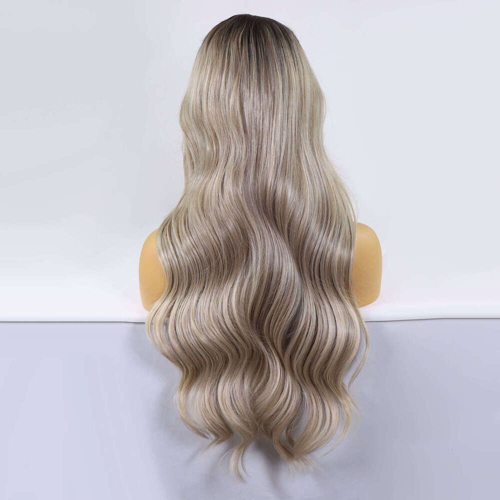Ash Brown Synthetic Lace Front Wigs Highlight Body Wave Dark Roots Colored For Women Pre Plucked Ombre Blonde Glueless Wig