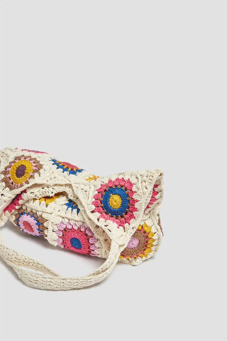 ner weaves crocheted shoulder bag for womens casual ethnic style large capacity summer beach flower bucket Purse 240913