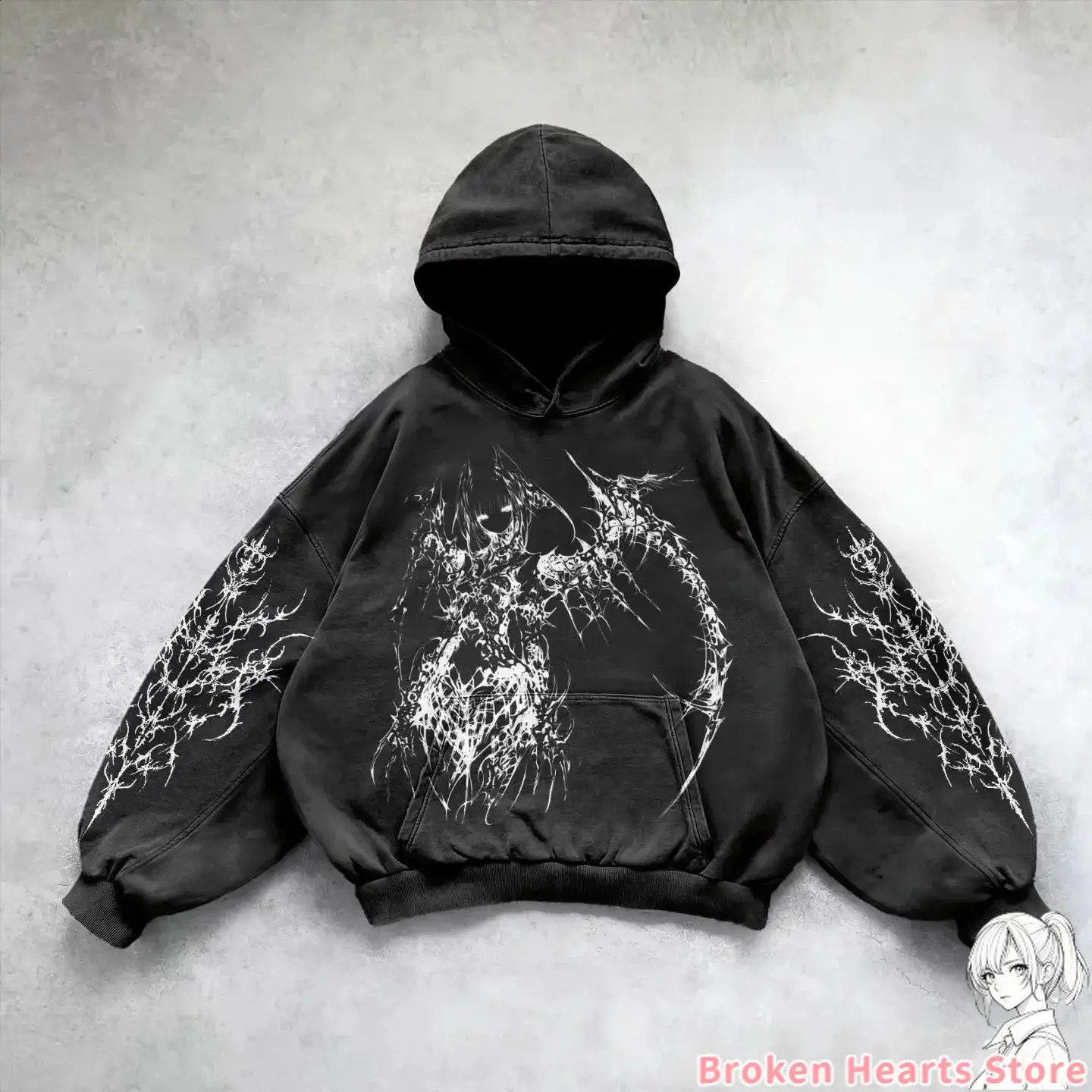 Gothic punk devil girl print hoodie womens harajuku y2k top oversized street sweater couple clothing 240911