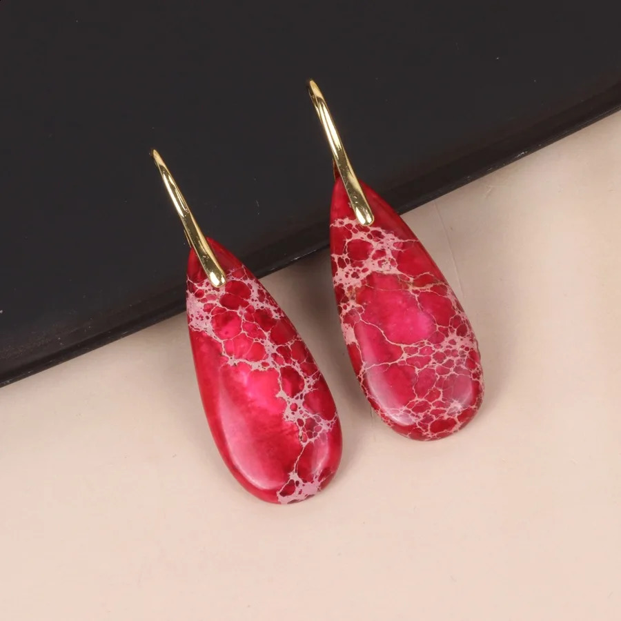 Bohemian Natural Red Imperial Jasper Stone Teardrop Gemstone Dangle Earrings For Women 240914