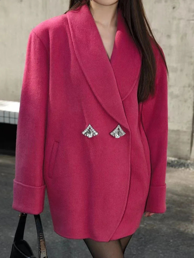 LANMREM High End Woolen Jackets Women Lapel Diamonds Single Breasted Solid Color Coat Fashion Autumn Winter 2AA1985 240911