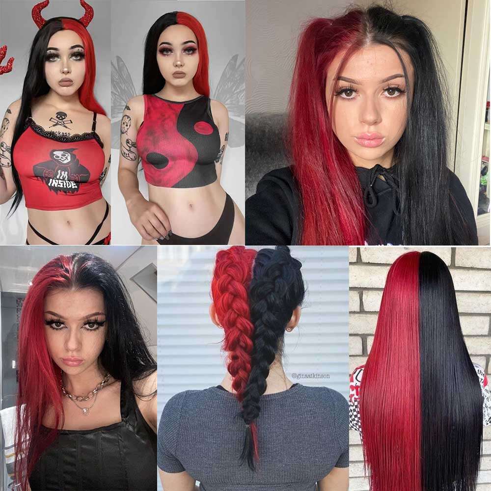 Black Half Red Lace Front Wigs Straight Cosplay Colored Synthetic Heat Resistant Glueless Halloween Wig For Women