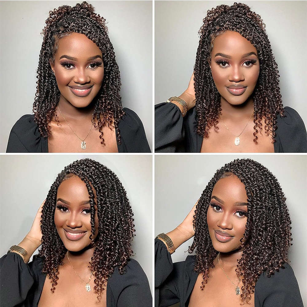Brown Short Passion Twisted Wigs Square Part Bob Synthetic Lace Front Curly Ends 12Inch Braided Wig For Women