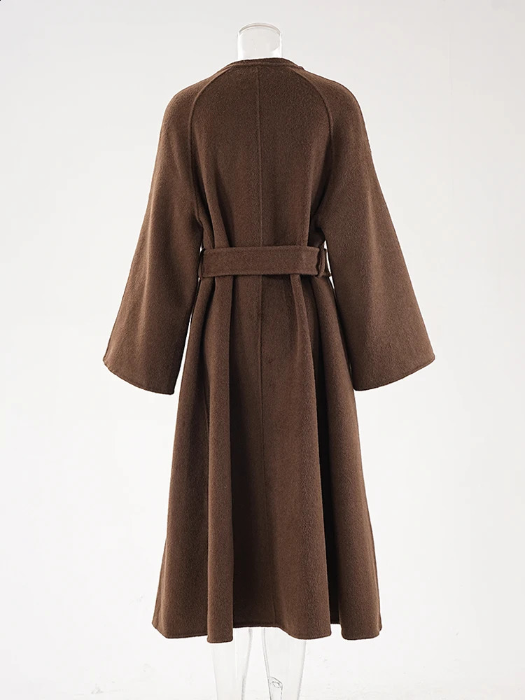 LANMREM Autumn Winter Woolen Coats Round Neck Double Sided Belt Overcoat Female Fashion Clothing CPG1808 240911