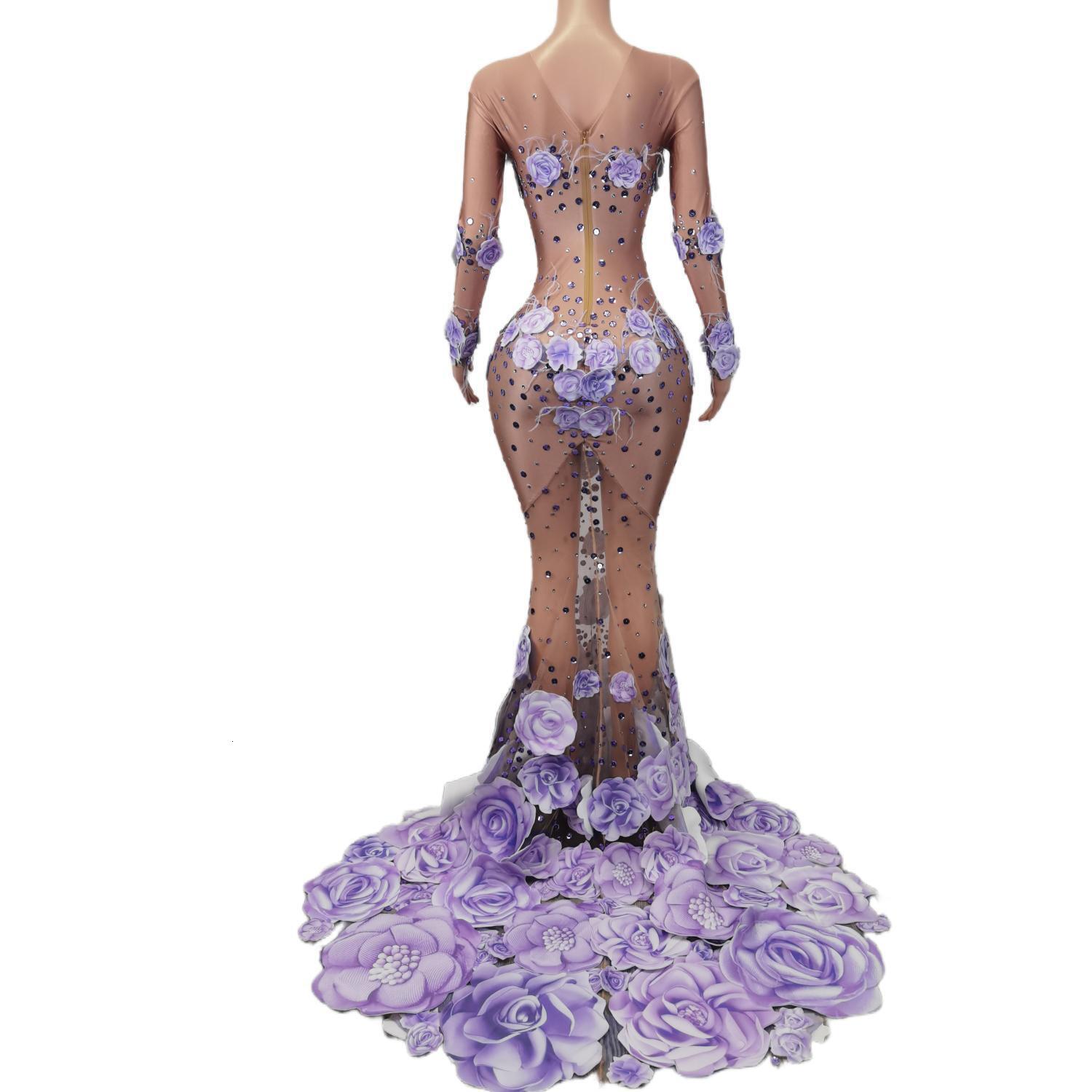 Sexy Stage Rhies Purple Long Sparkle Costume Women Prom Birthday Celebrate Party Wer Decoration Dress