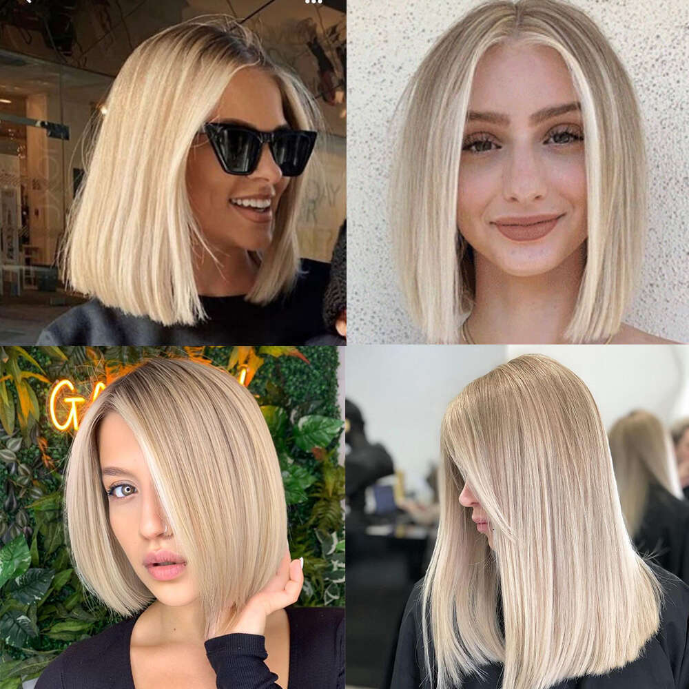 Highlight Blonde Synthetic Lace Front 12 Inch Short Bob Wigs Silky Straight Glueless Ombre Colored Frontal Wig For Women