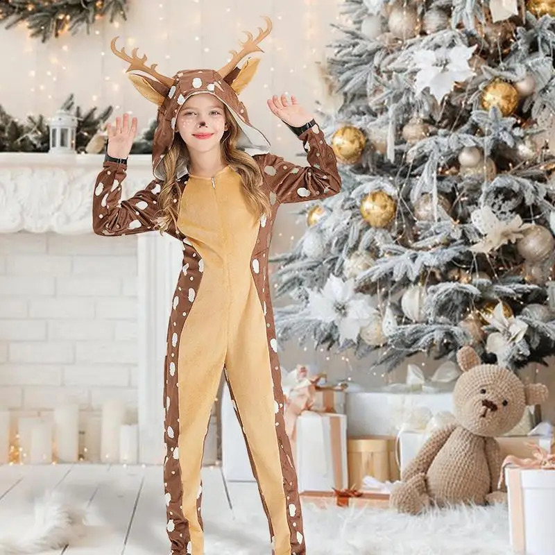 Kids Reindeer Costume Girls Deer Costume Unisex Crystal Velvet Warm Christmas Onesie For Role Play Party Cosplay Pajamas C2510236