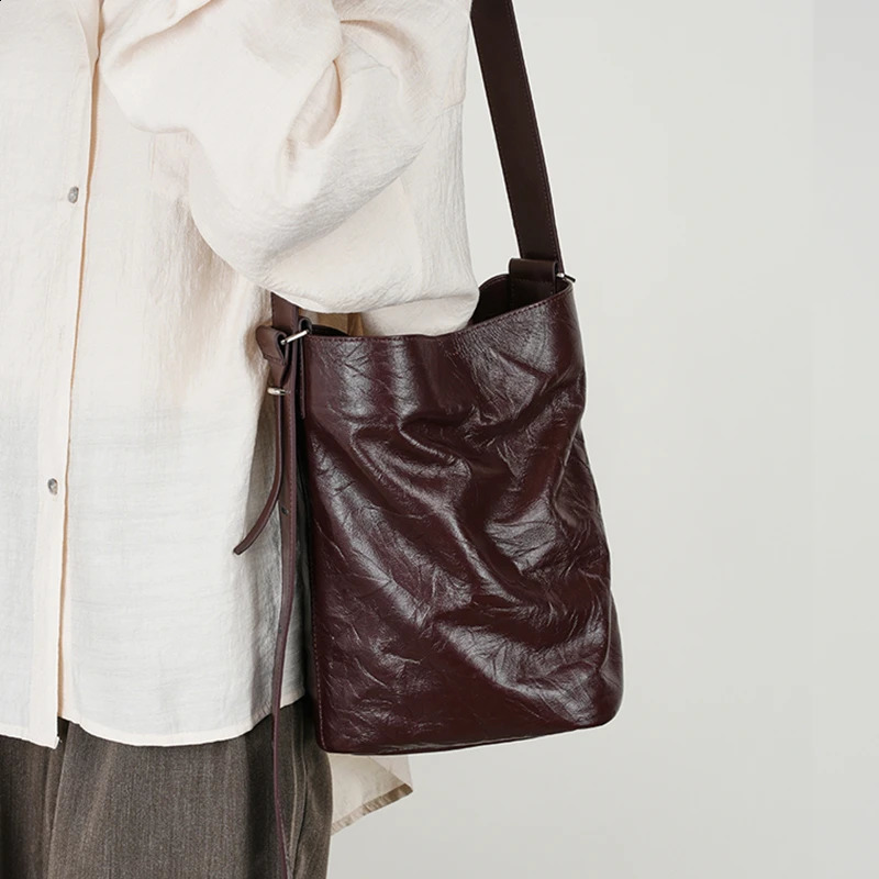 Hifashion Genuine Leather Bucket Crossbody Bags For Women Trend er Underarm Shoulder Bags Pleated Ladies Handbags 240909
