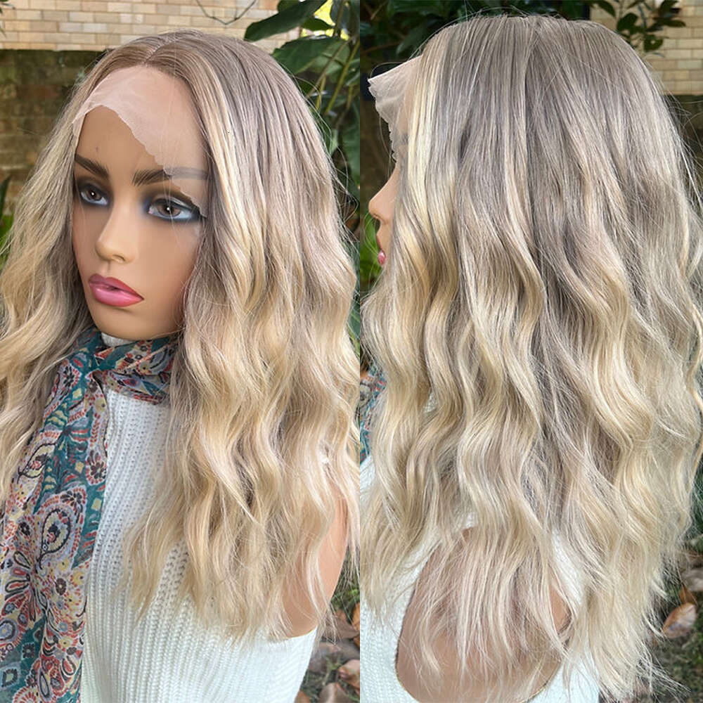 Belge Blonde Highlights Balayage Synthetic Wigs Warm Brown Roots Gorgeous Beach Waves Beautiful Heat Friendly Fibres HD Lace