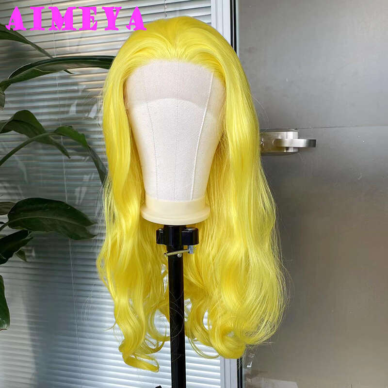 AIMEYA Yellow Wig Long Wave Synthetic Lace Front Heat Resiatant Fiber Hair Daily Use Cosplay Wigs