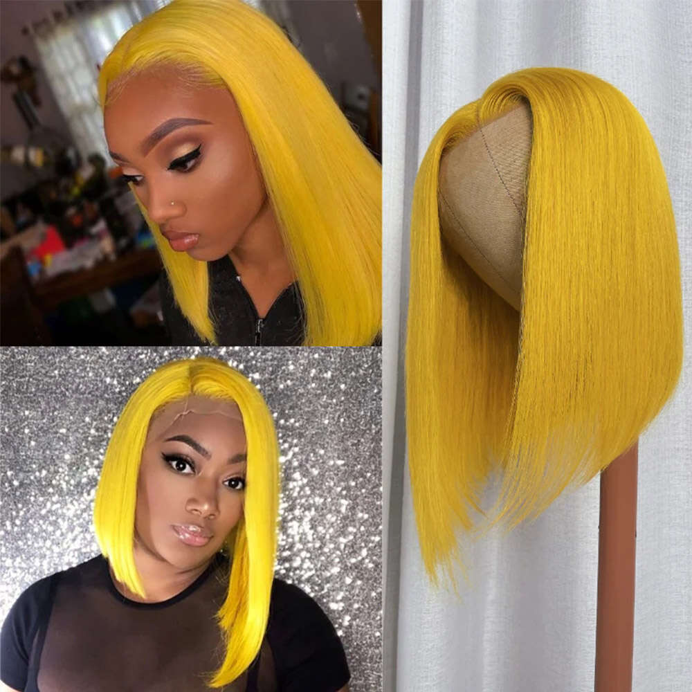 Yellow Lace Front Colored Short Straight Synthetic Wig For Women Cosplay Party Glueless Bob Heat Resistant Hair Wigs
