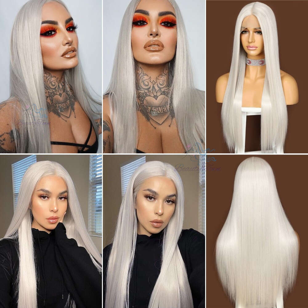 Beautytown Long Straight Sier White For Women Daily Makeup Halloween T Part No-Tangle Futura Fiber Synthetic Lace Wig