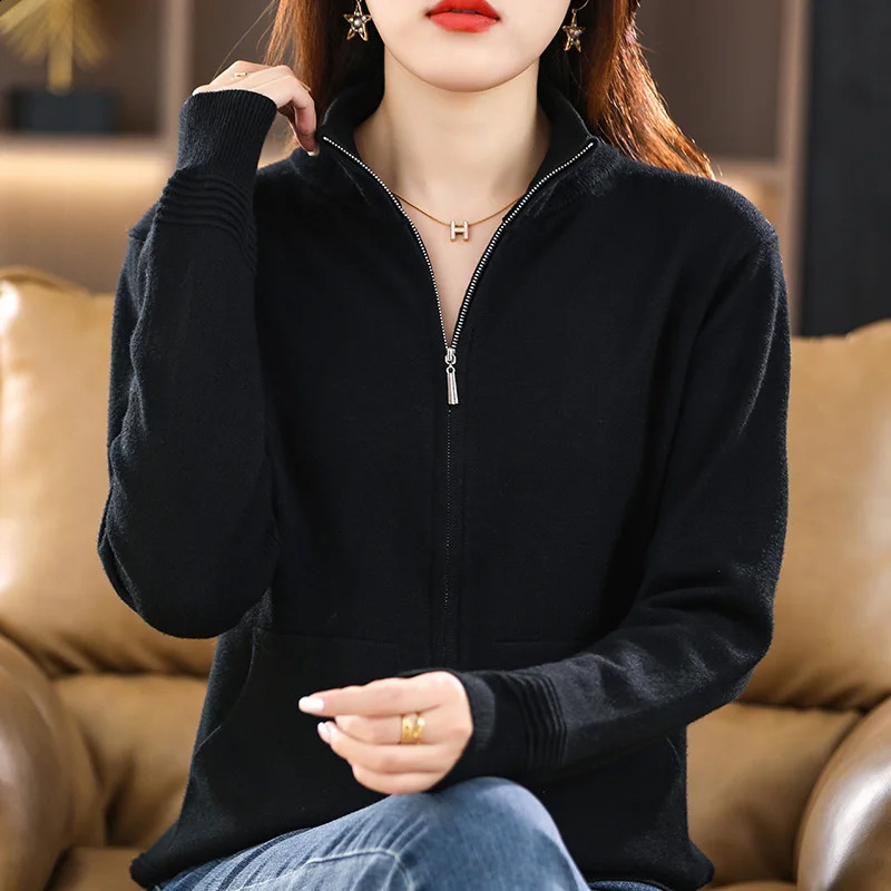 Autumn Winter Women Wool Sweater Clothing Cuff Thread Double Zipper Cardigan Fashion Female Casual Knitted Tops Soft Jacket 240904