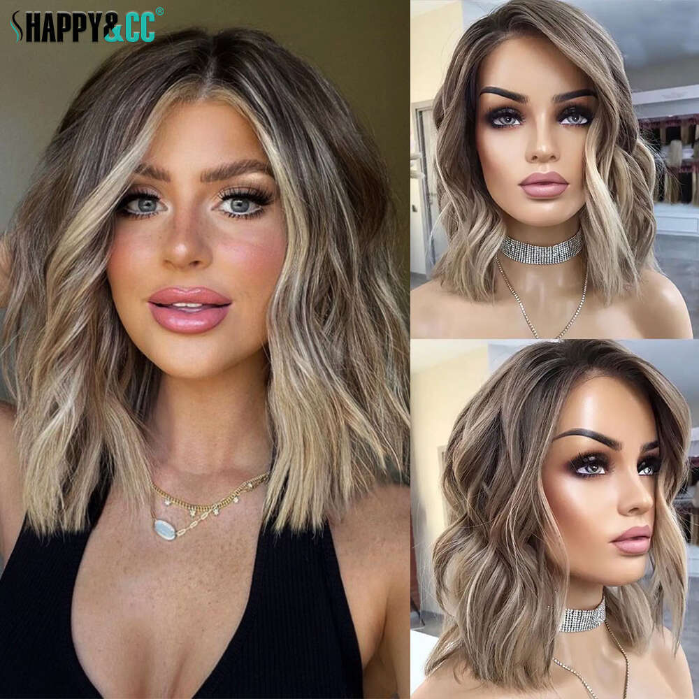 Highlight Short Bob Synthetic Lace Front Wavy Dark Roots Ash Brown For Women Daily Use Pre Plucked Curly Wig