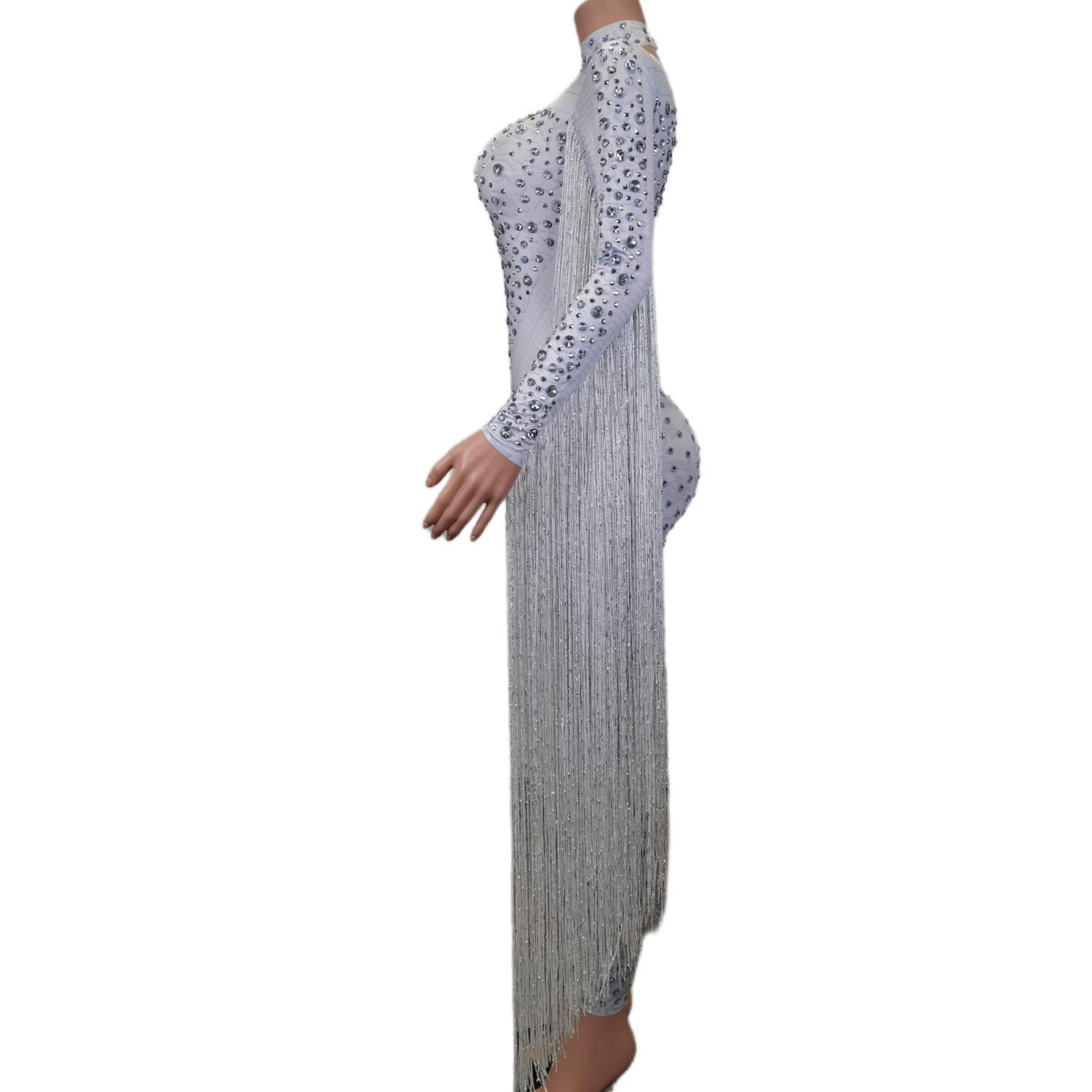 Sparkle Rhie Women White Bodysuit Long Sleeve Tassel Rompers Performance Costumes Lady One Piece Dia Sequin Jumpsuit
