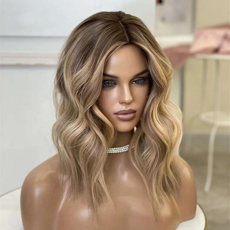 Ombre Ash Blonde Bob Lace Short Straight Middle Part Front Wig Heat Resistant Synthetic Hair Daily
