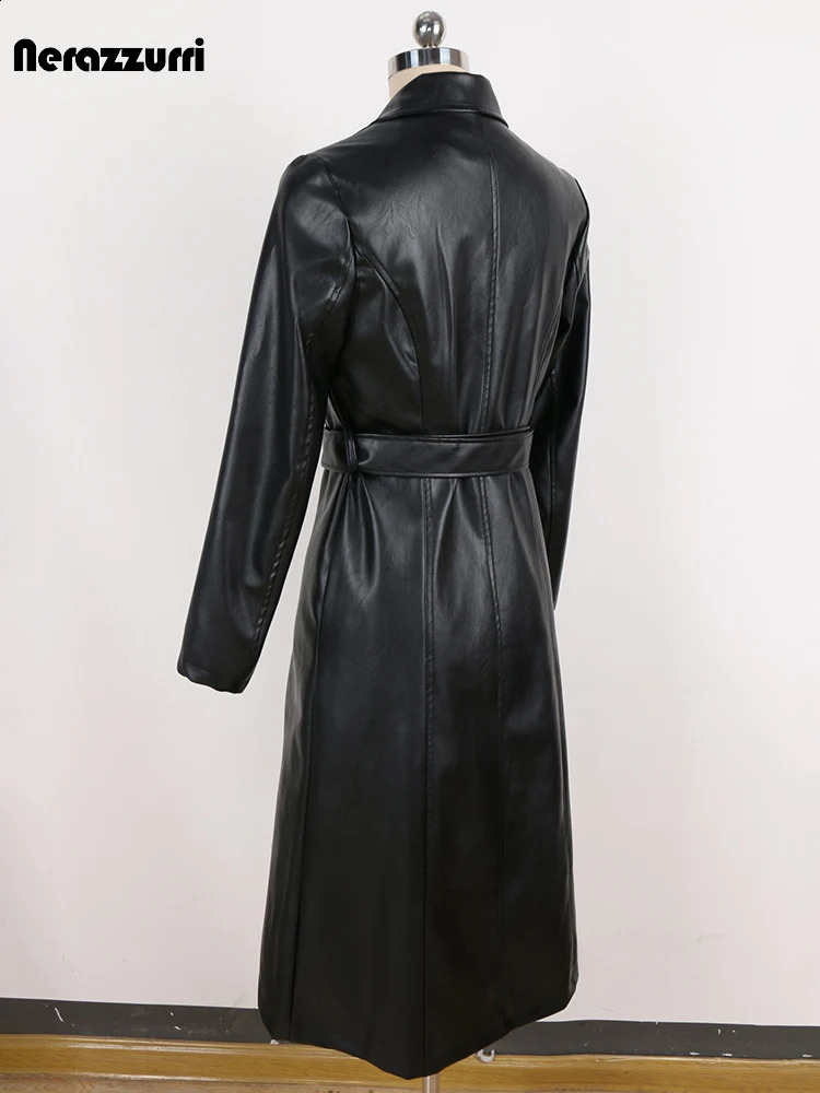Sapphire Spring Autumn High Quality Elegant y Fitted Black Pu Leather Trench Coat Womens Double Chest 240906