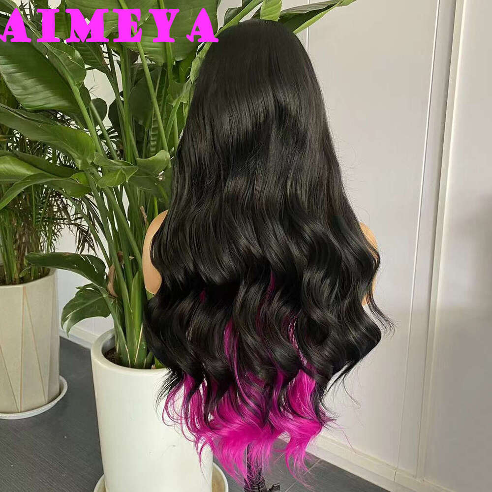 AIMEYA Black And Lace Front Wigs Highlighted Hot Pink Wig Long Silky Straight Synthetic Hair Body Wave