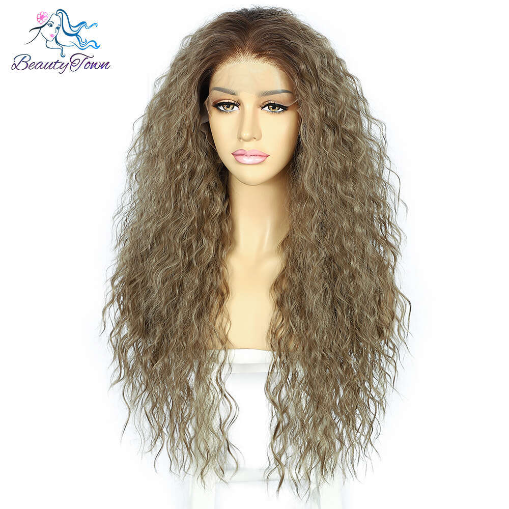 Dark Brown Synthetic Kinky Curly Lace Front Daily Party Cosplay Wigs For Women Grey Afro Wig Pelucas Para Mujeres Heat Res