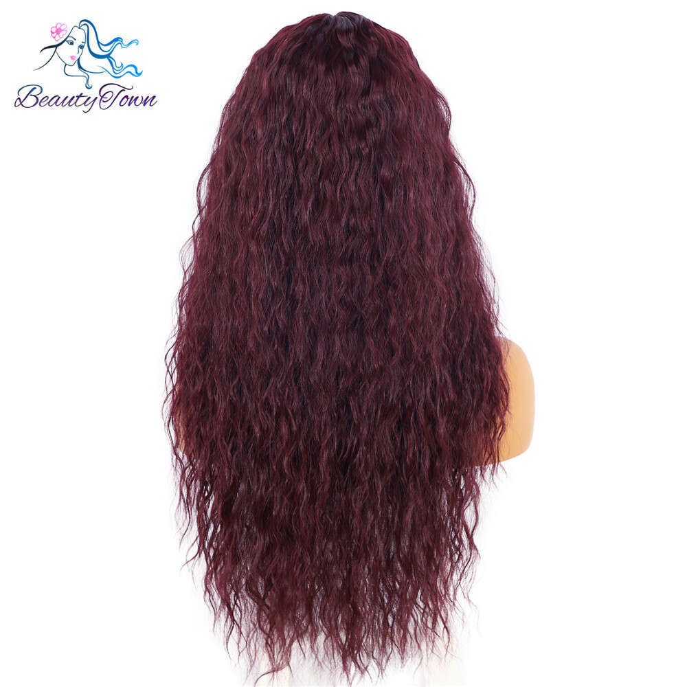 Beautytown Synthetic Red Wine Kinky Curly T Lace Wig For Black Women Daily Makeup Party Gift Bury #39 Heat Resistant Hair
