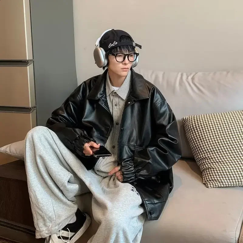 Trendy Korean Style Spring Autumn Flying Aviation Pilot Jacket Loosefit Mens Leather Biker Versatile Pu Coat 240905