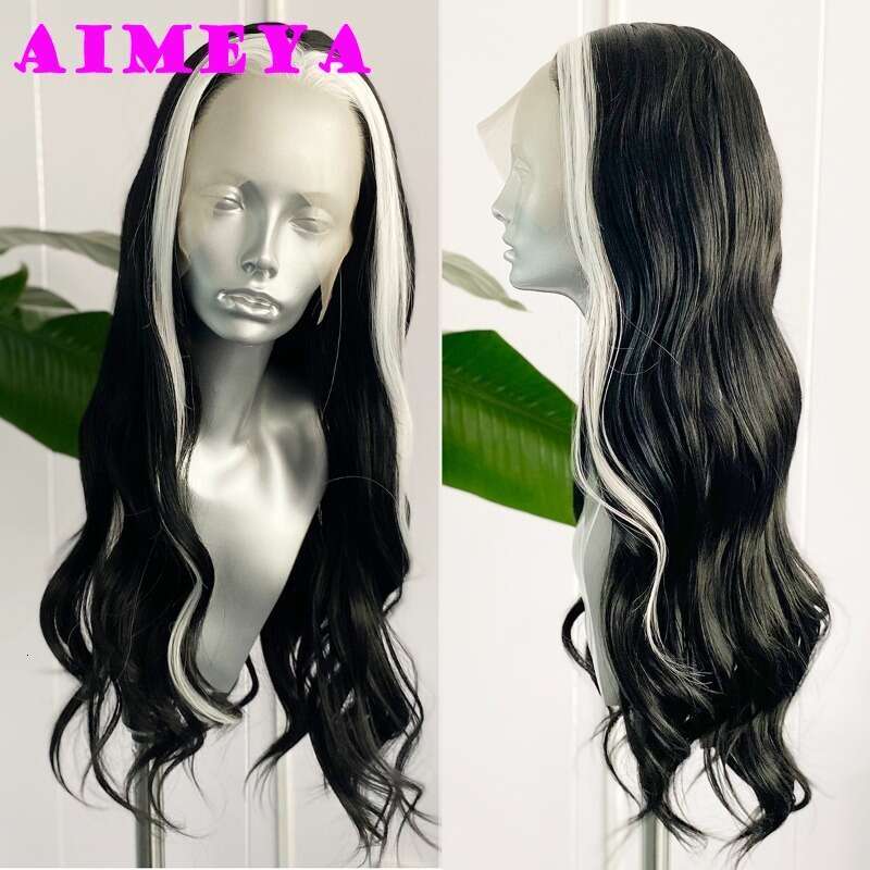 AIMEYA Black White Highlights Lace Front Synthetic Wig Long Natural Wave Heat Resistant Daily Use Cosplay Wigs Free Part