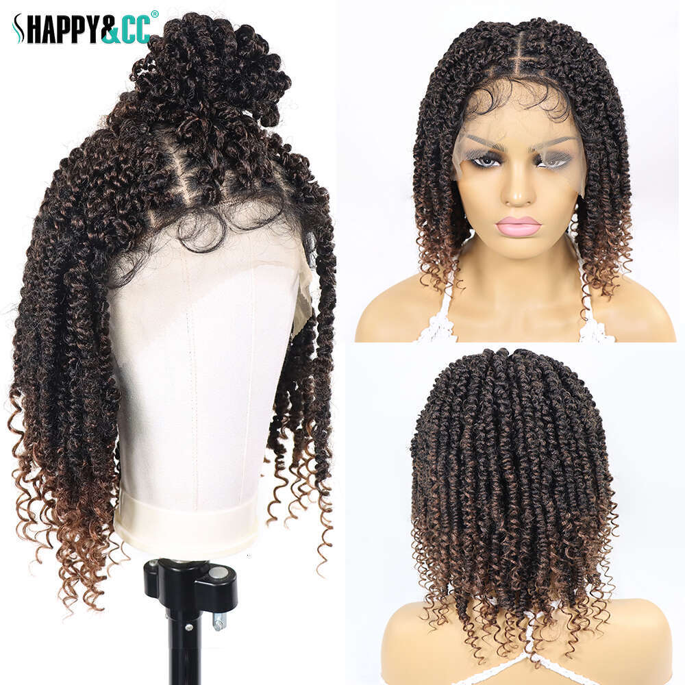 Brown Short Passion Twisted Wigs Square Part Bob Synthetic Lace Front Curly Ends 12Inch Braided Wig For Women