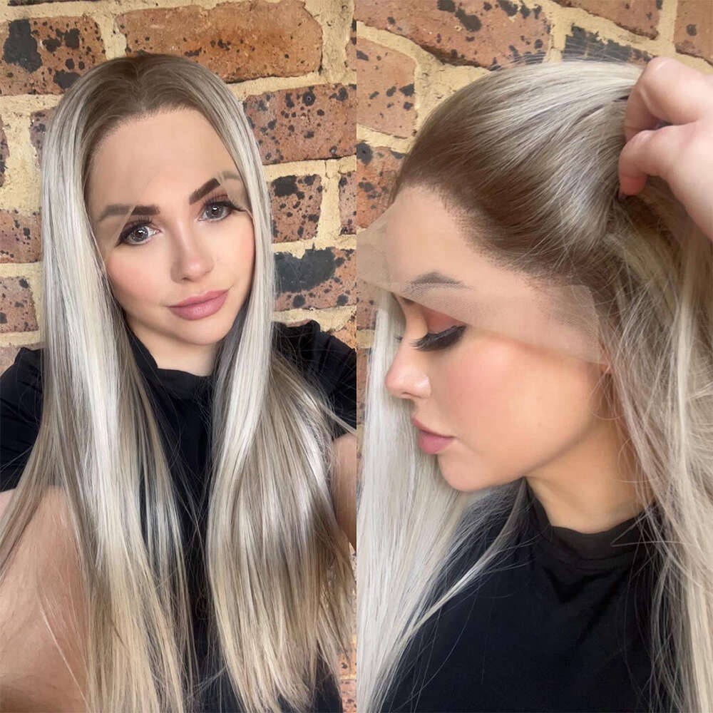 Heat Safe Synthetic Fiber Ash Roots Straight Front Platinum Grey Highlights Wig HD Lace Perfect Quality For Daily Use