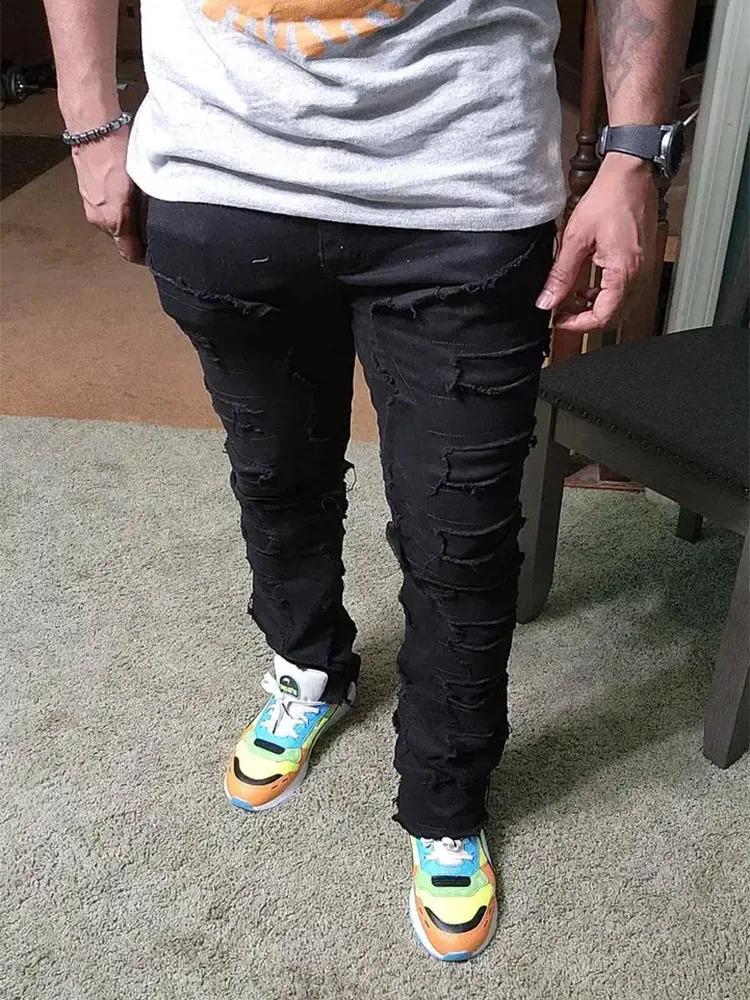 Mens streetwear ripped jeans fashionable cool stretch pink stacked edge denim pants mens Y2K punk patch work hip-hop pants 240907