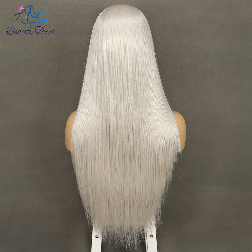 13X6 Synthetic Front 32Inch Grey Blonde Straight For Women HD Transparent Lace Cosplay Wig Heat Resistant Fiber