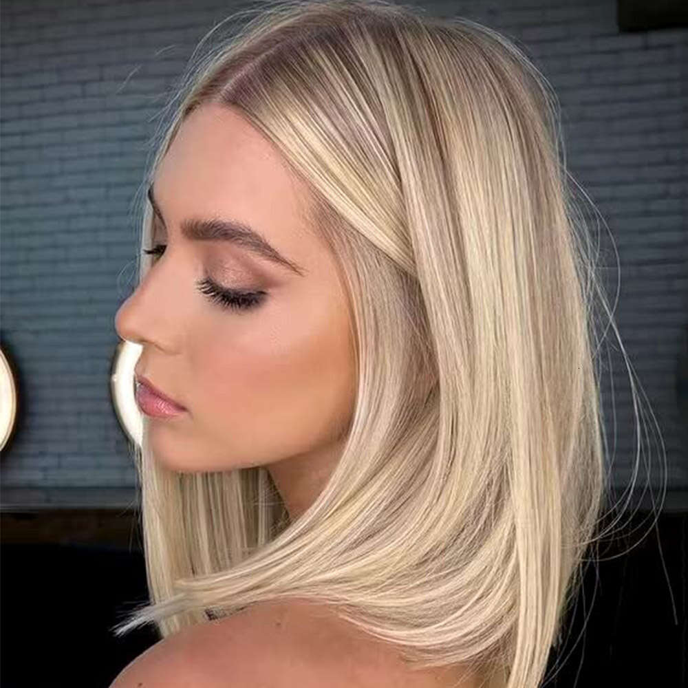 Ash Short Bob Synthetic Lace Front Wigs Highlight Straight Colored Heat Resistant Dark Roots Blonde Wig For Women