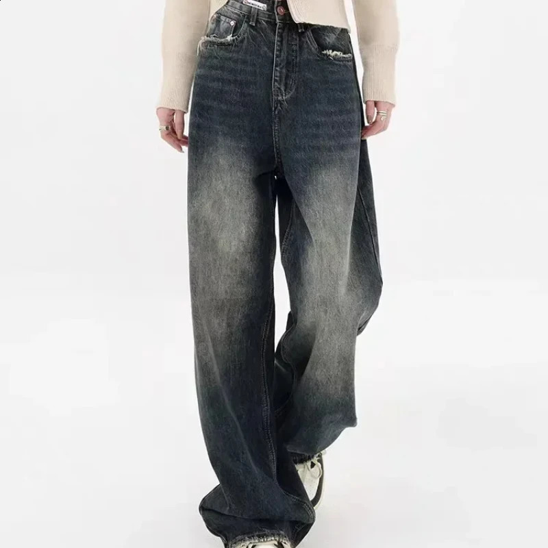 Women Streetwear Retro Fashion Autumn High Waist Pants Loose Wide Leg Denim Trousers Female HOUZHOU Harajuku Y2K Baggy Jeans 240904