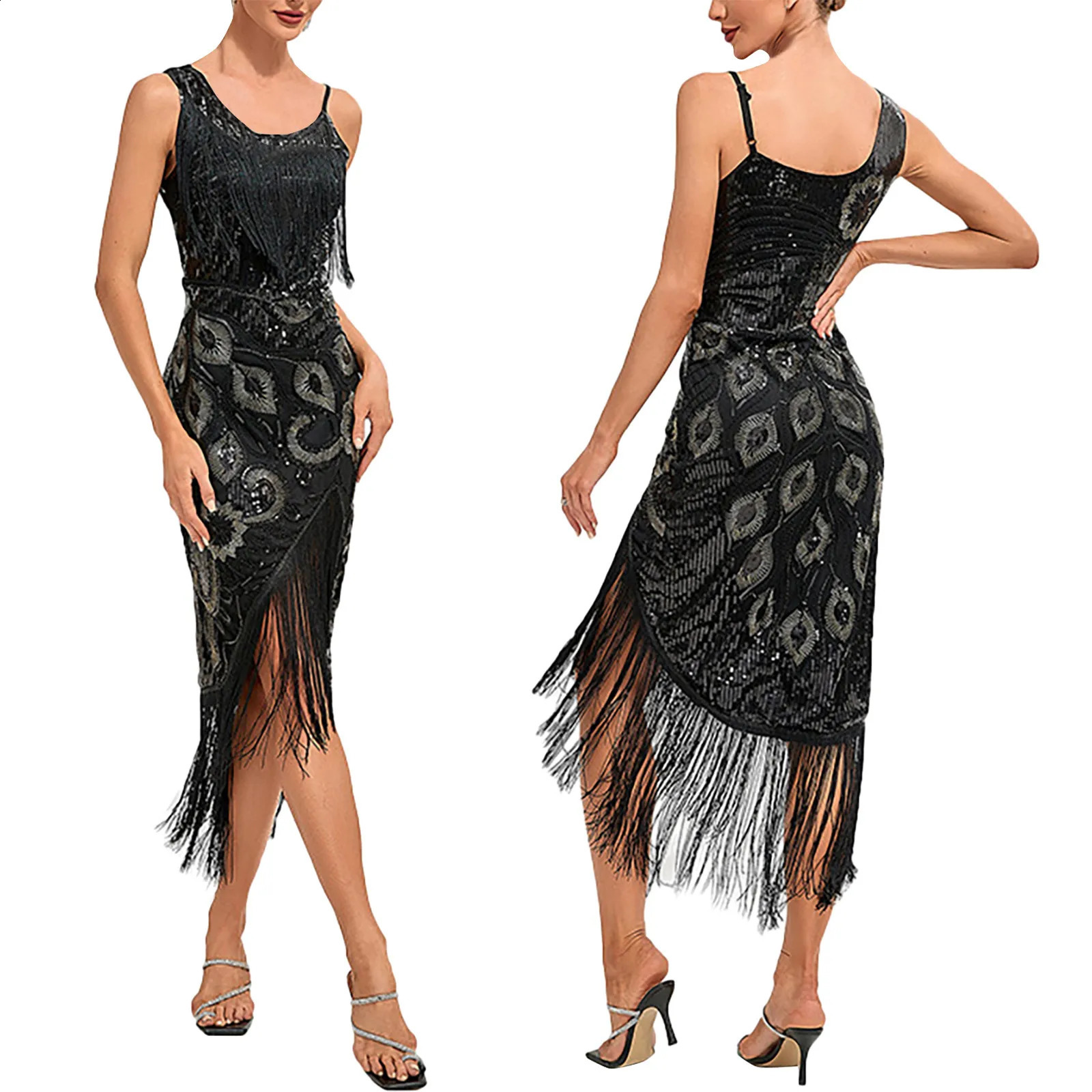 1920s Flap Edge Glitter Dress Retro Charleston Ball Great Gatsby Party Beaded 240913