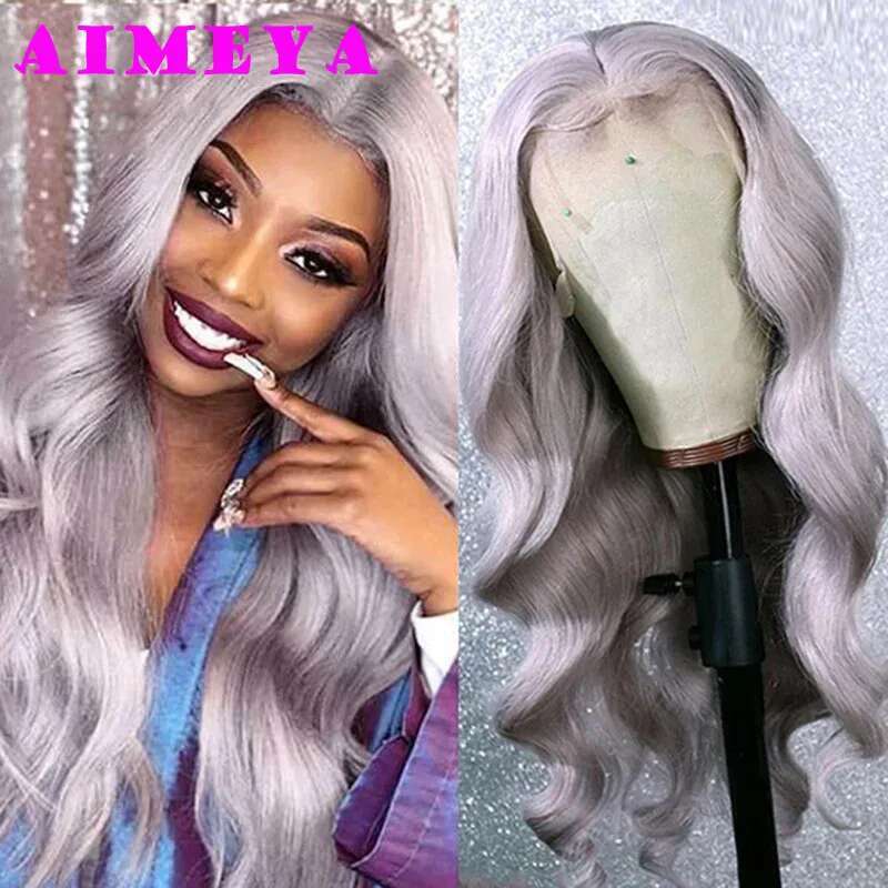 AIMEYA Sier Grey Long Body Wave Synthetic Lace Front Natural Haire Light Gray Heat Resistant Daily Wear Wig Cosplay