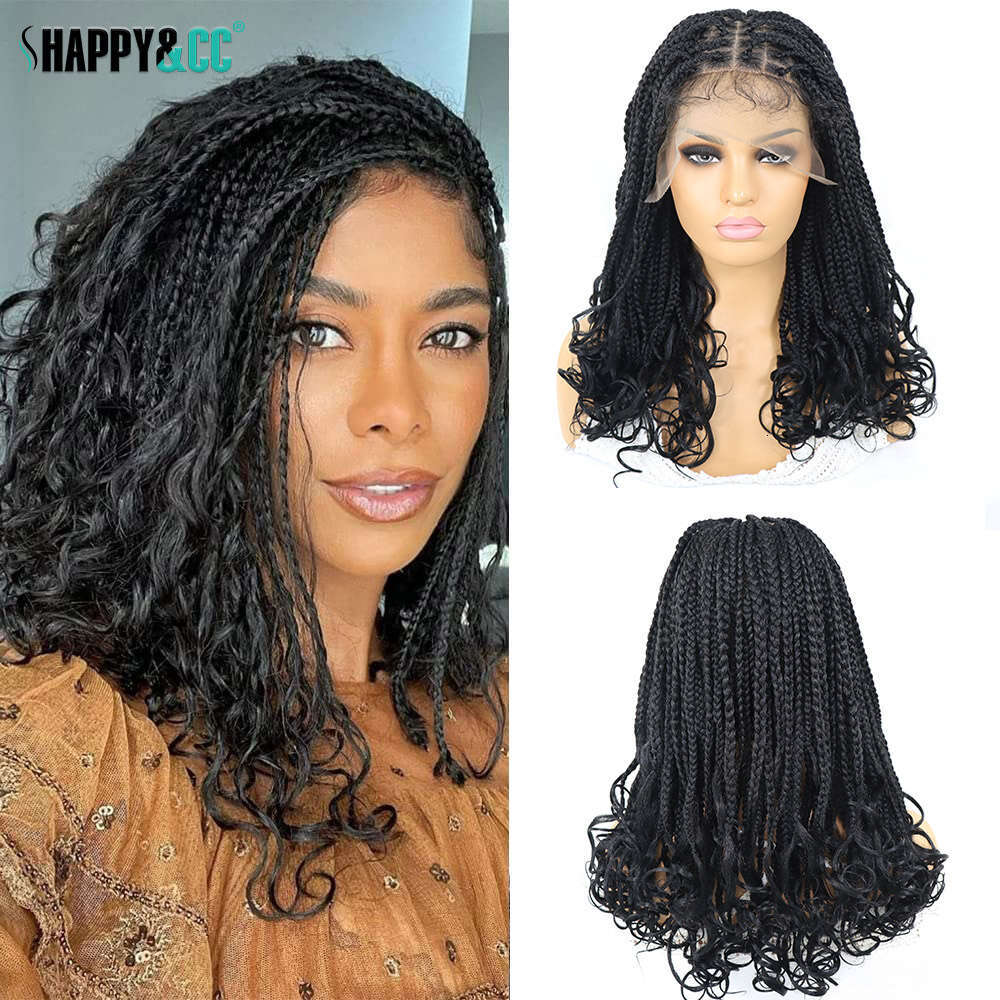 Box Wigs Curly Ends Synthetic Lace Front Braided 16Inch Square Part Pre Plucked With Baby Hair Braid Wig For Women
