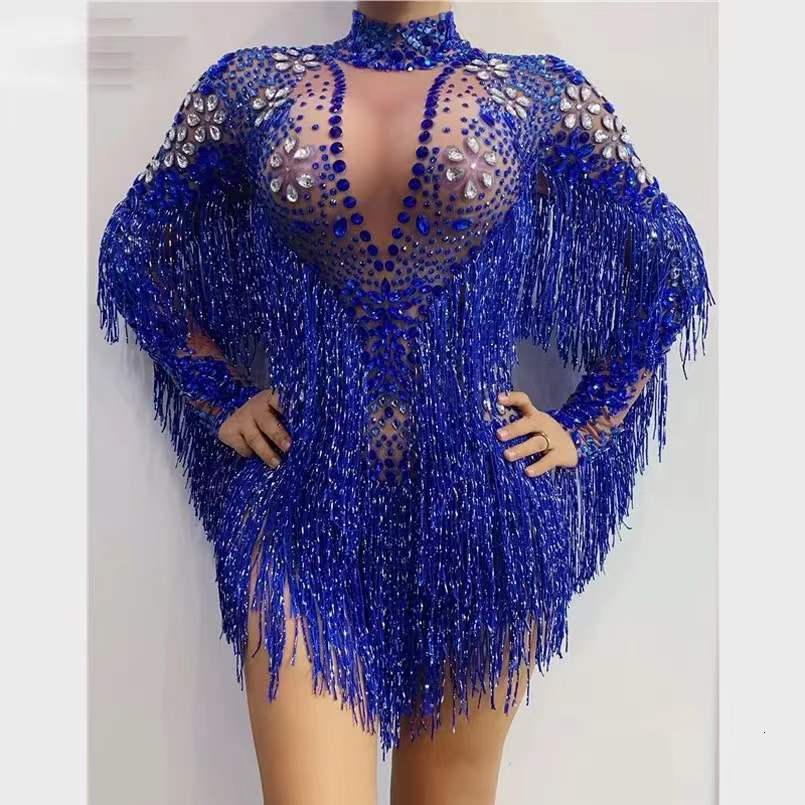 Birthday Celebrate Long Sleeves Dance Bar Women Singer Outfit Blue Sier Rhies Transparent Fringe Bodysuit