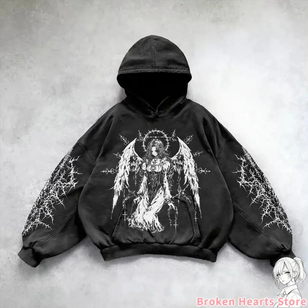 Gothic punk devil girl print hoodie womens harajuku y2k top oversized street sweater couple clothing 240911