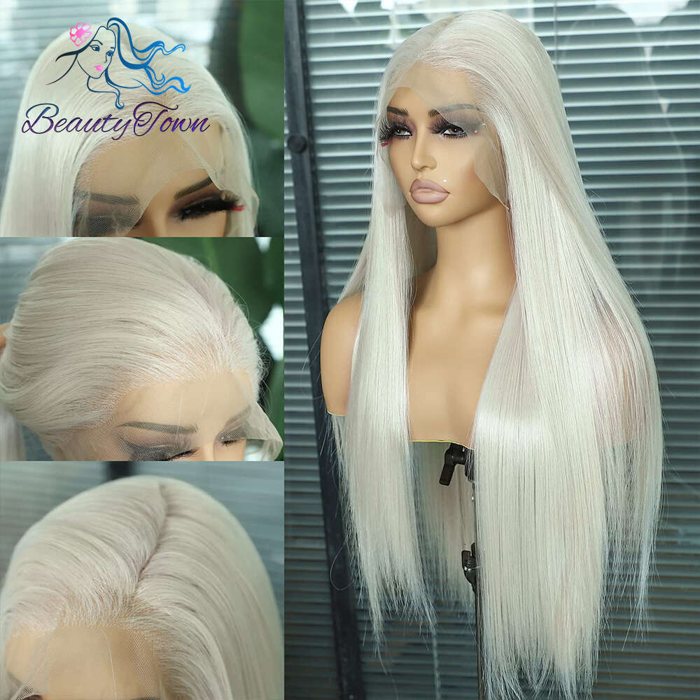 13X6 Synthetic Front 32Inch Grey Blonde Straight For Women HD Transparent Lace Cosplay Wig Heat Resistant Fiber