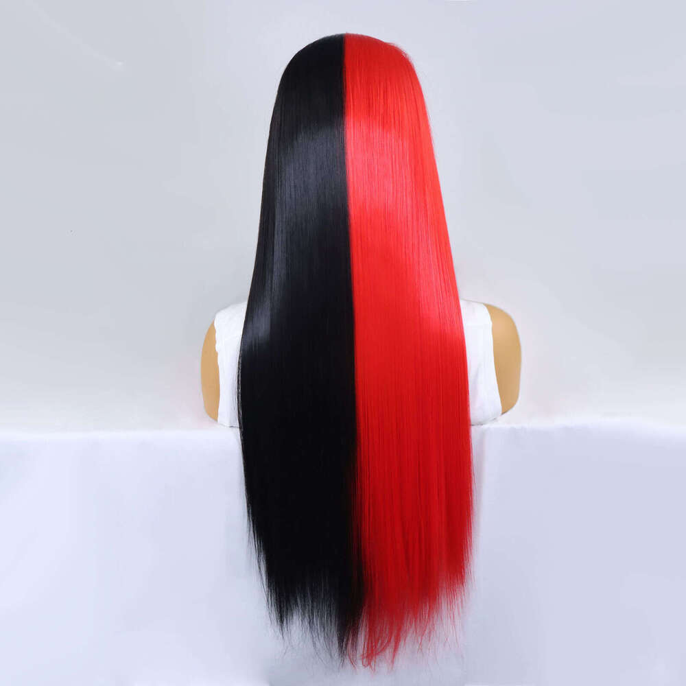 Black Half Red Lace Front Wigs Straight Cosplay Colored Synthetic Heat Resistant Glueless Halloween Wig For Women