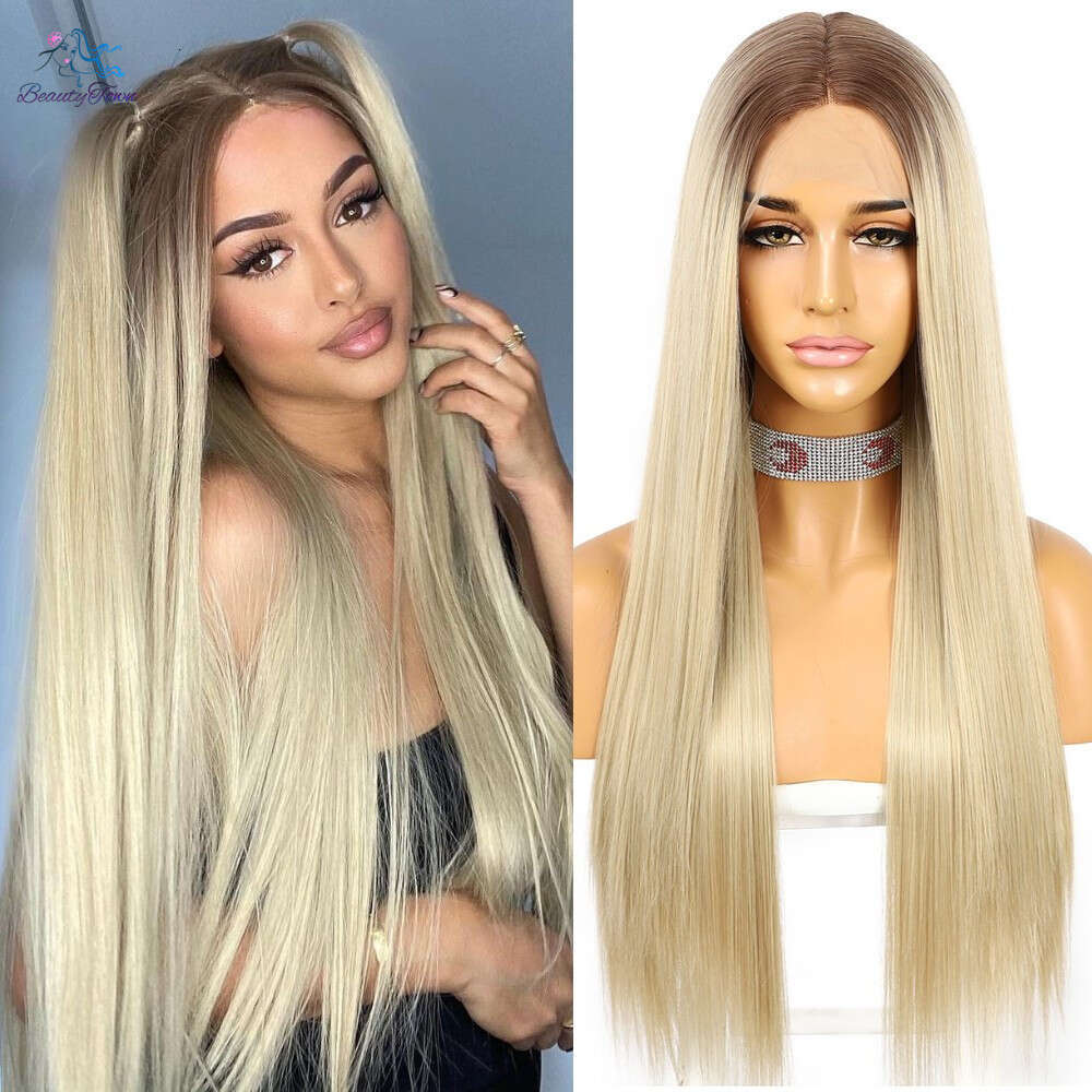 Blonde 13X3 Synthetic Front For Women Daily Makeup Cosplay Party Bone Straight HD Lace Frontal Wig 28Inch