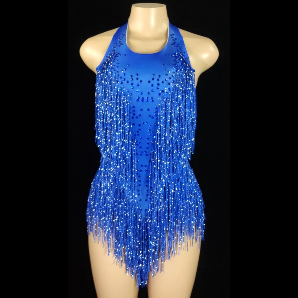 Sparkly Crystals Fringes Bodysuit Sexy Tassel Leotard Jazz Dance Costume One-Piece Stage Wear Dancer Performance Show Clothing