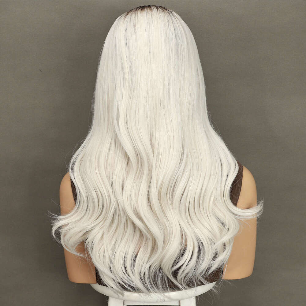 2024 13X4 Front Ash White Dark Roots Transparent Lace Daily Wear Heat Safe Premium Synthetic Wig