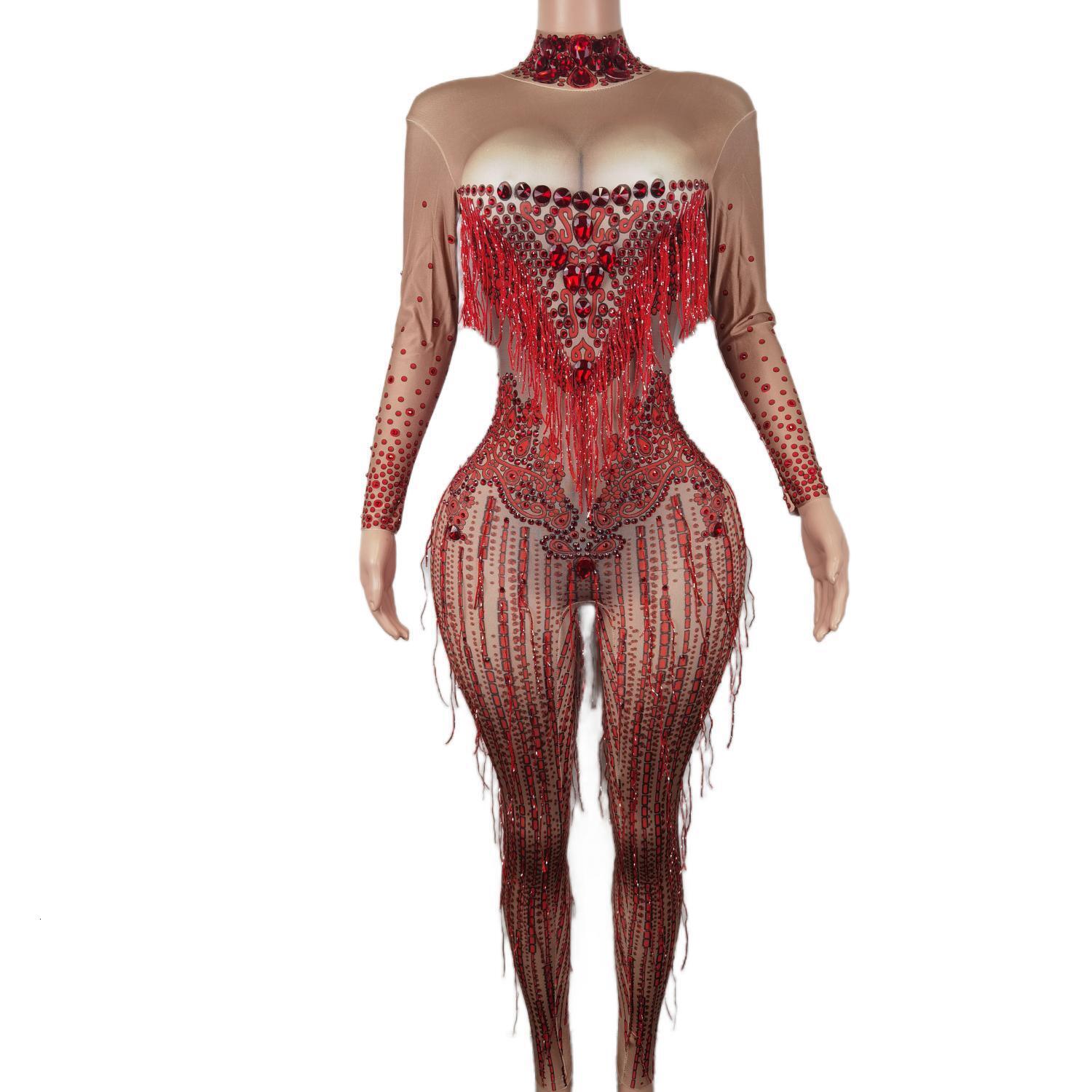 Sexy Red Spandex Bodysuit Rhinest Size Long Sleeve Jumpsuits Tassels Performance Costumes Party Evening Bodycon Romper