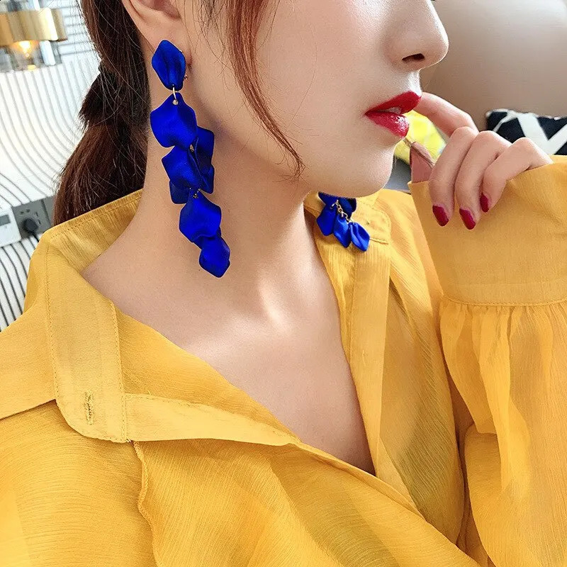 Bohemian Rose Petal Earrings Flower Red Yellow Blue Colors Drop Long Tassel Party Wedding Jewelry 240906