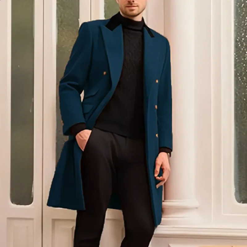 Highend Mens Fashion Solid Color Mediumlength Woolen Trench European Casual Overcoat 240905