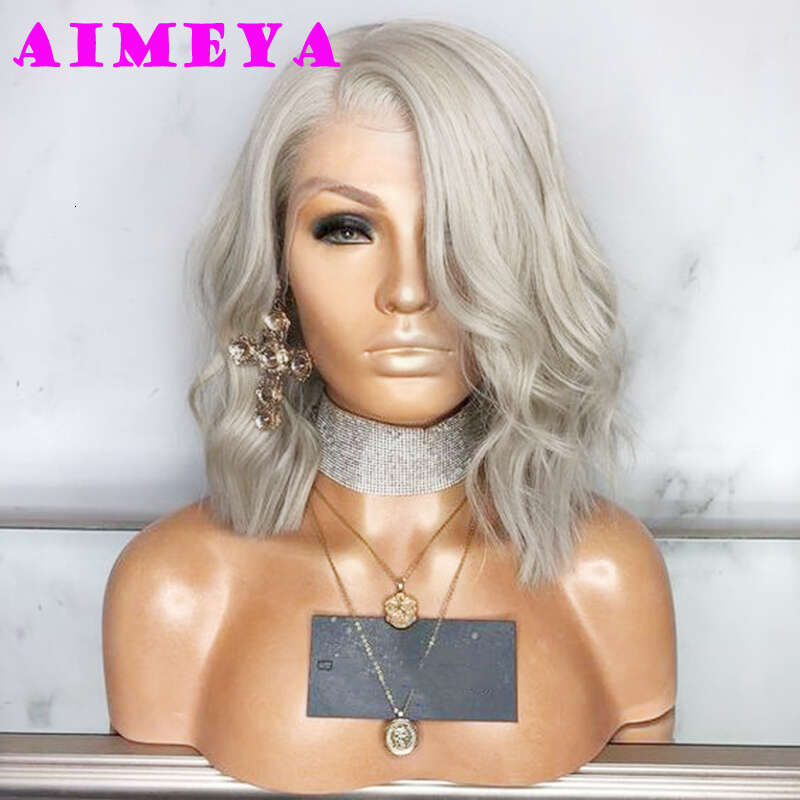 AIMEYA Grayish Blonde Bob Heat Resistant Fiber Body Wave Synthetic Lace Front Side Part Short Wigs Cosplay Wig